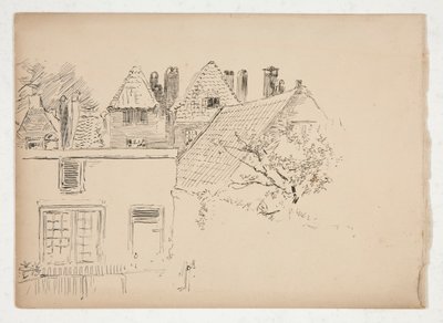 Skisse av et eksteriør: bygninger og tre av Edwin Austin Abbey