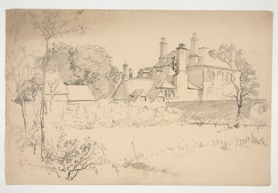 Skisse av et eksteriør: gaden, vegg og stort viktoriansk hus av Edwin Austin Abbey