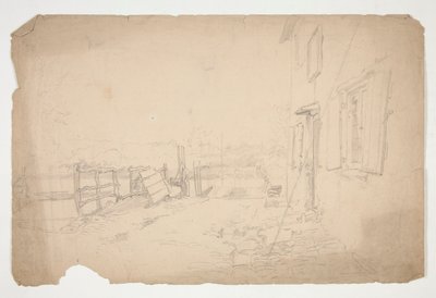 Skisse av et eksteriør av et landsted av Edwin Austin Abbey