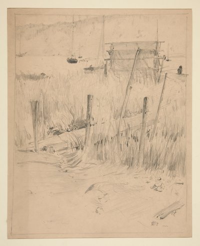 Skisse av en gammel brygge, med ugress som vokser opp rundt den av Edwin Austin Abbey