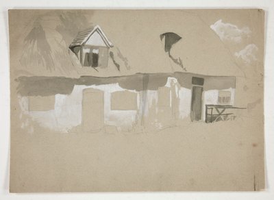 Skisse av eksteriør av en hytte av Edwin Austin Abbey