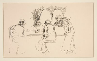Skisse av fire menn i middelalderdrakt ved et bord - uidentifisert illustrasjon, muligens for av Edwin Austin Abbey