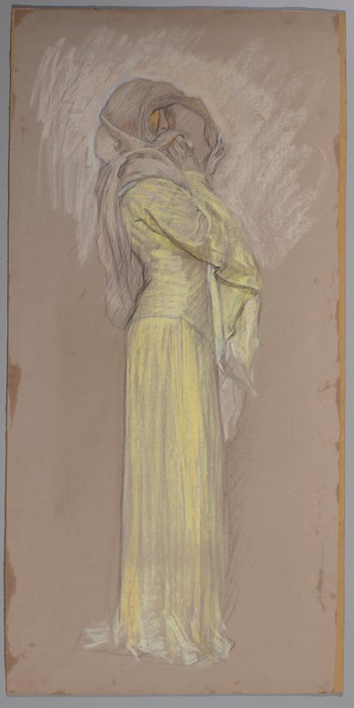 Studie, kvinne i gul kjole med brunt slør over ansiktet av Edwin Austin Abbey