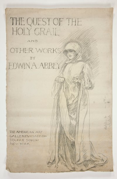 Studie for åpningskunngjøringen(?) av The Quest of the Holy Grail-malerier: The Quest of the Holy Grail og andre verk av Edwin A. Abbey. Tegning til det første omslaget til Abbey-katalogen. av Edwin Austin Abbey