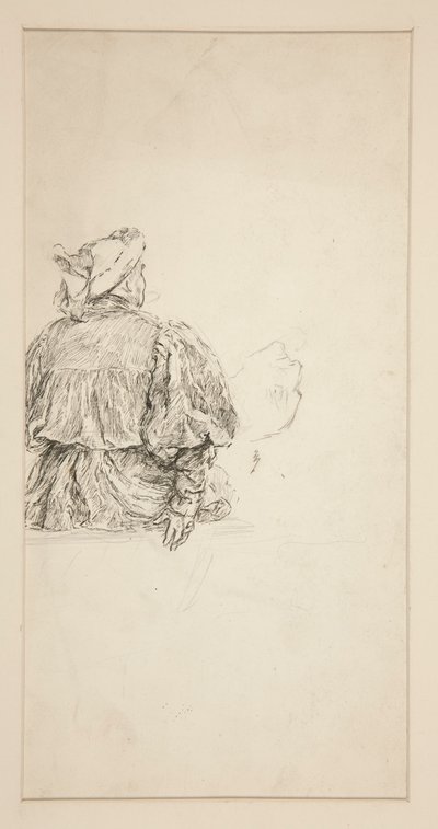 Studie av ryggen til en sittende mann i kostyme fra det 15. århundre, for en Shakespeare-scene. av Edwin Austin Abbey