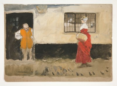 Studie av gatebilde, mann ved døren, kvinne i rød kjole. av Edwin Austin Abbey