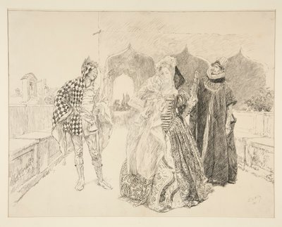 The Clown and Malvolio, illustrasjon for Act I, Scene v, Twelfth Night av Edwin Austin Abbey