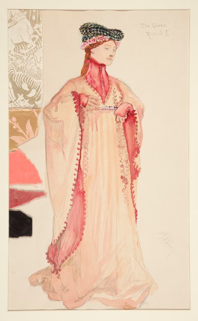 Dronningen (i rosa), kostymeskisse for Henry Irving av Edwin Austin Abbey