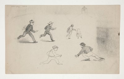 Tre studier (menn med hester, studie av hodet) (recto); Seks studier av løpende figurer, studie av et klokketårn (verso) av Edwin Austin Abbey