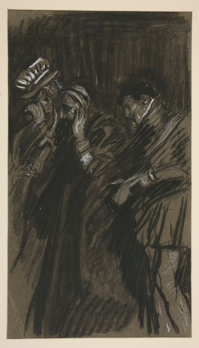 Tre menn, studerer for Taming of the Shrew (?) av Edwin Austin Abbey