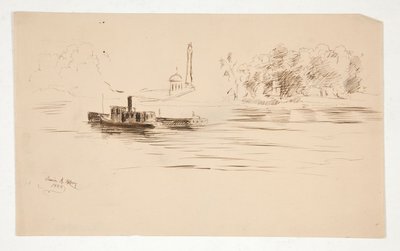Taubåt skyve lekter på elven av Edwin Austin Abbey