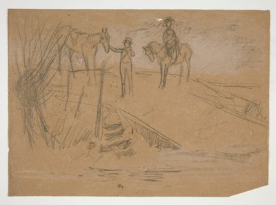 To menn og to hester i et landskap - uidentifisert illustrasjon av Edwin Austin Abbey