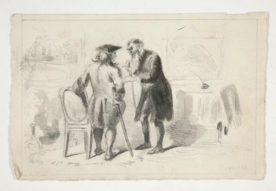 To menn som samtaler i et interiør - uidentifisert illustrasjon av Edwin Austin Abbey
