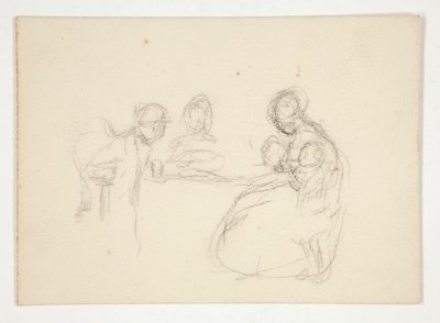 Uidentifisert illustrasjon - Studie av figurer ved et bord. Sittende mann på revers. av Edwin Austin Abbey