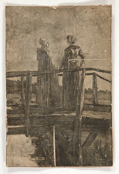 Uten tittel tregravering av E.A. Kloster (?) av to damer på en gangbro av tre - illustrasjon for William Black av Edwin Austin Abbey