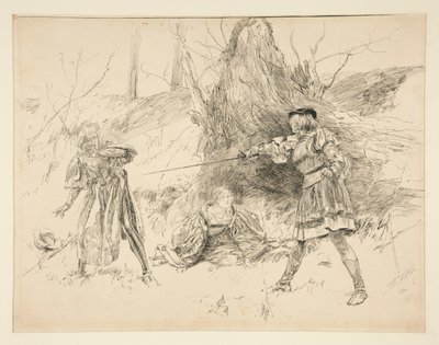 Valentine redder Sylvia, fra Act V, Scene iv, Two Gentlemen of Verona av Edwin Austin Abbey