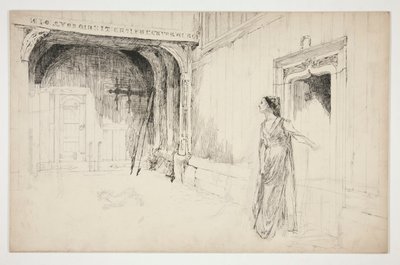 Kvinne og hund i et interiør - (uidentifisert illustrasjon for et skuespill?) av Edwin Austin Abbey