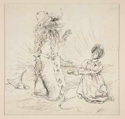Kvinne og slange på stranden, skisse for The Lay of the Lobster av Edwin Austin Abbey