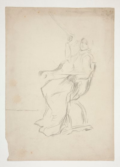 Kvinne sitter i stol (recto); To uidentifiserte arkitektoniske skisser (verso) av Edwin Austin Abbey