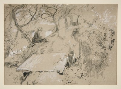 Kvinne sitter på benk i en hage eller offentlig park - uidentifisert illustrasjon av Edwin Austin Abbey