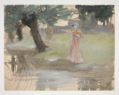 Kvinne som står ved en elvebredd - uidentifisert illustrasjon av Edwin Austin Abbey