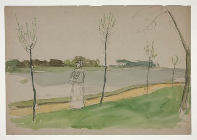 Kvinne som rusler langs en elvebredd av Edwin Austin Abbey