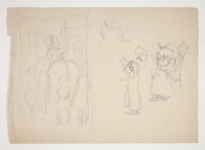 Kvinne med barn og tegneserie - uidentifisert illustrasjon av Edwin Austin Abbey