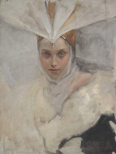 Kvinne med fiskeørnhodeplagg og hvit pelskrage, 1897 av Edwin Austin Abbey