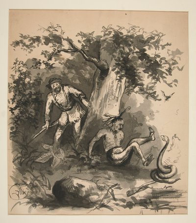 Skogsscene av en jeger, en indianer og en slange - uidentifisert illustrasjon av Edwin Austin Abbey