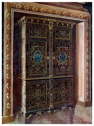 Armoire i ibenholt med innlegg av gravert messing og hvitt metall, 1910. av Edwin Foley