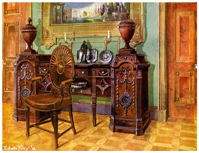 Utskåret sokkel skjenk i mahogni og oval masterstol med hjulbak, 1911-1912. av Edwin Foley