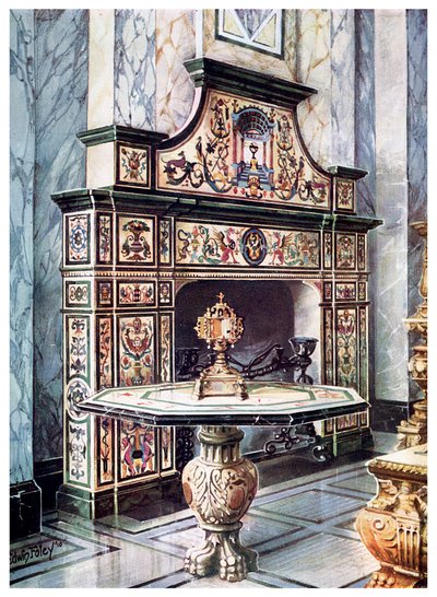 Skorsteinsstykke og bord i farget florentinsk mosaikk, 1910 av Edwin Foley