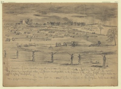 Henrettelse av fem desertører fra de 118. Pennsylvania Volunteers, 1st Division, 5th Corps, før hele 5th Corps, Beverly Ford, Va. av Edwin Forbes
