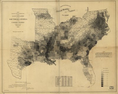 Kart som viser fordelingen av slavebefolkningen i sørstatene i USA, satt sammen fra folketellingen i 1860 av Edwin Hergesheimer