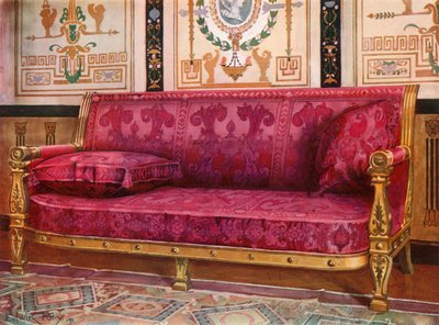 Utskåret forgylt sofa dekket i Rose Brocade de Lyons av Edwin John Foley