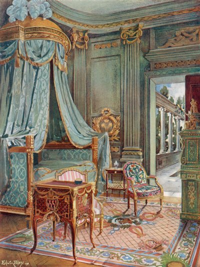 Utskåret og forgylt drapert kuppelseng. Bureau-Toilette (eller Petit Secretaire) i Marqueterie. Cartonnier i grønn lakk av Edwin John Foley