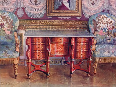 Knehullsskrivebord i rødt skilpaddeskall og lakkert ståltopp. Boulle. Forgylt Fauteuils, trukket med billedvev av Edwin John Foley