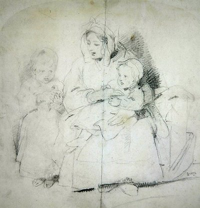 En mor med to barn (blyant på papir) av Edwin Landseer