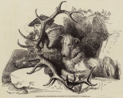 Hjort-forfølger i høylandet, ser på kroppen av Edwin Landseer