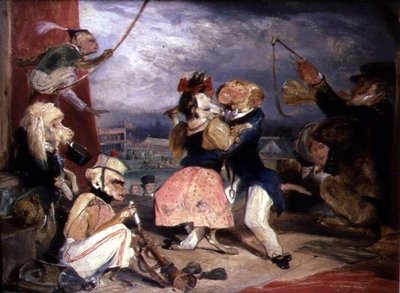 West End Fair: Monkeys and Dogs Performing on a Stage (olje på panel) av Edwin Landseer