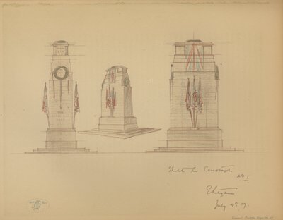 Skisse nr. 1 for Cenotaph, Whitehall, Westminster, London (farge litho) av Edwin Landseer Lutyens