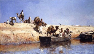 En ombordstigning av kameler på stranden ved Sale, Maroc, 1880 av Edwin Lord Weeks