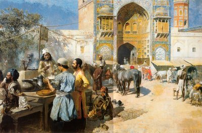 En utendørsrestaurant, Lahore, c1889. av Edwin Lord Weeks