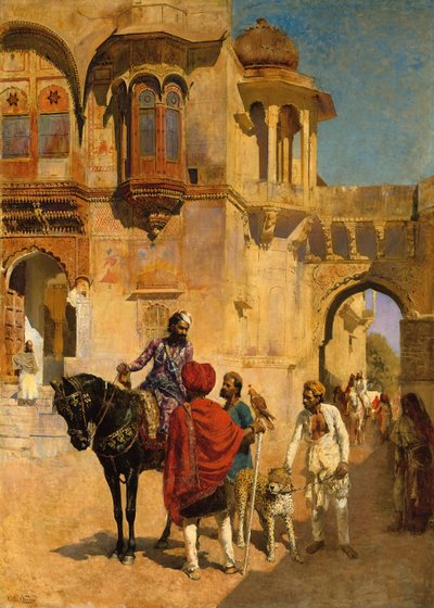 Avgang for jakten i forgården til et palass i Jodhpore, ca. 1898-1900 av Edwin Lord Weeks