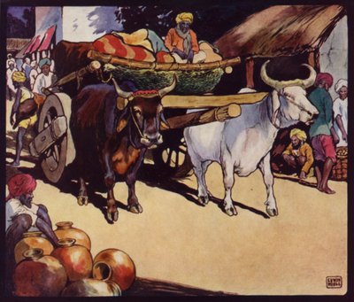 Indian Bullock-Waggon (farge litho) av Edwin Noble