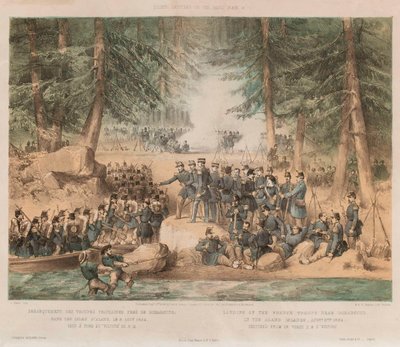 Landing av de franske troppene nær Bomarsund på Åland, 8. august 1854 (litografi, tonet) av Edwin Thomas (after) Dolby