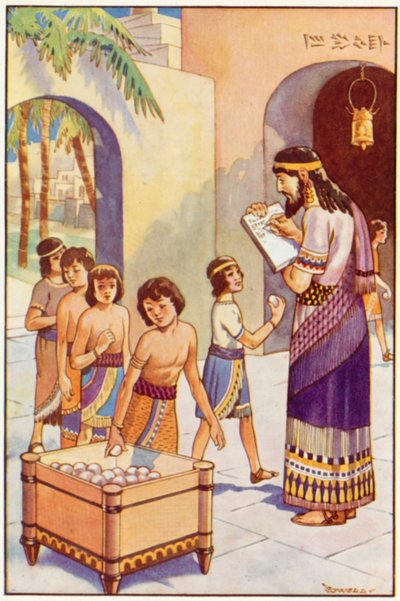 På skolen i Babylon (farge litho) av Edwin Tryon Billings