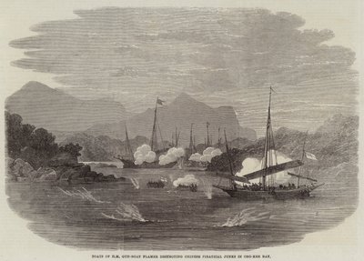 Båter av HM Gun-Boat Flamer ødelegger kinesisk piratskrot i Cho-Kee Bay av Edwin Weedon