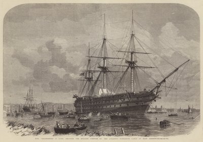 HMS Agamemnon, 91 Guns, frakter den engelske delen av den atlantiske ubåtkabelen ved East Greenwich av Edwin Weedon