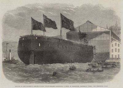 Lansering av Hennes Majestets panserbelagte skrufregatt Caledonia, 31 våpen, på Woolwich, i går uke av Edwin Weedon